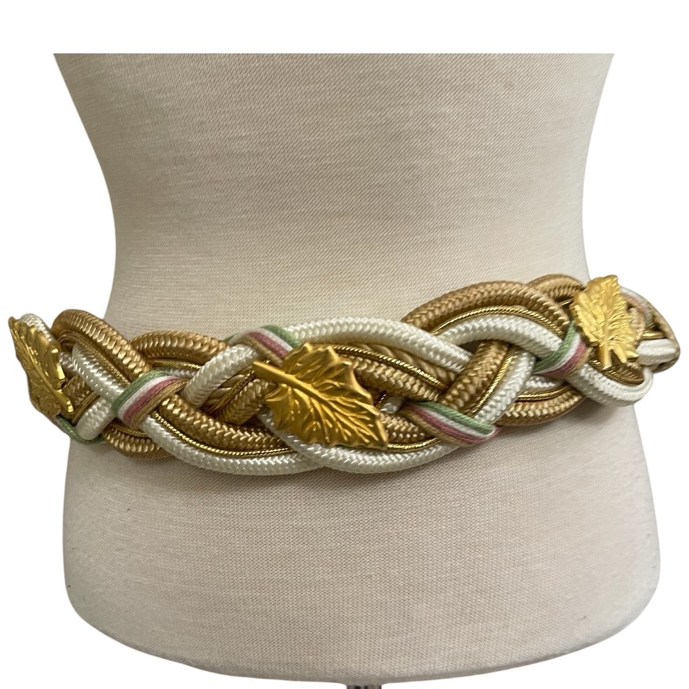 Braided VTG Boho lady SZ M Statement Belt Woven Pearl gold color leaves taiwan